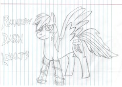 Size: 636x456 | Tagged: safe, artist:dragoon, rainbow dash, pegasus, pony, lined paper, solo, text, traditional art