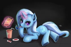 Size: 1024x678 | Tagged: safe, artist:the-park, derpibooru import, trixie, pony, unicorn, blushing, coke, eating, female, food, french fries, ketchup, looking at you, magic, mare, prone, sauce, simple background, soda, solo, telekinesis