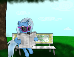 Size: 3300x2550 | Tagged: safe, artist:lifesharbinger, derpibooru import, trixie, pony, unicorn, bench, disguise, female, mare, newspaper, paper-thin disguise, solo, sunglasses, tree
