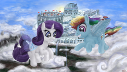 Size: 3840x2160 | Tagged: safe, artist:anttosik, rainbow dash, rarity, pegasus, pony, unicorn, artificial wings, augmented, cloudsdale, flying, magic, magic wings, wings