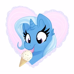 Size: 2500x2500 | Tagged: safe, artist:littleblackraencloud, derpibooru import, trixie, pony, unicorn, bust, cheek fluff, cute, diatrixes, ear fluff, female, food, heart, high res, ice cream, licking, mare, portrait, smiling, solo, tongue out