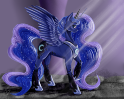Size: 1000x800 | Tagged: safe, artist:fullmoondagger, princess luna, alicorn, pony, crepuscular rays, solo, spread wings