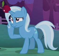 Size: 558x531 | Tagged: safe, derpibooru import, screencap, trixie, uncommon bond, apple, cropped, food, horn, horn impalement, solo, wavy mouth