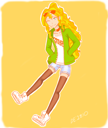 Size: 2172x2565 | Tagged: safe, artist:dragonemperror2810, sunset shimmer, human, clothes, converse, humanized, looking at you, one eye closed, shoes, smiling, sneakers, socks, solo, sunglasses, thigh highs, wink