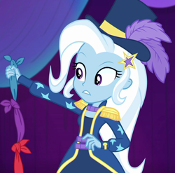 Size: 730x720 | Tagged: safe, derpibooru import, screencap, trixie, equestria girls, spring breakdown, cropped, hat, magic trick, solo, top hat