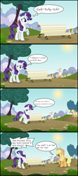 Size: 1920x4320 | Tagged: safe, artist:adamlhumphreys, applejack, rarity, earth pony, pony, unicorn, bench, comic, itch