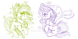 Size: 1024x512 | Tagged: safe, artist:petrinox, derpibooru import, limestone pie, trixie, pony, unicorn, female, mare, monochrome, sketch