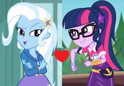 Size: 1408x980 | Tagged: safe, derpibooru import, sci-twi, trixie, twilight sparkle, a little birdie told me, better together, equestria girls, sunset's backstage pass!, female, lesbian, music festival outfit, sci-twixie, shipping, shipping domino, twixie