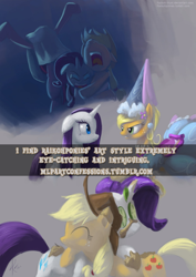 Size: 500x707 | Tagged: safe, applejack, rarity, earth pony, pony, unicorn, clothes, dress, froufrou glittery lacy outfit, hennin, hug, meta, mud, pony confession, text