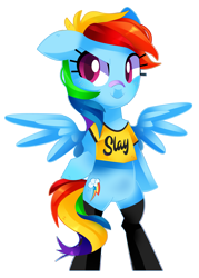 Size: 3215x4500 | Tagged: safe, artist:sorasku, rainbow dash, pegasus, pony, absurd resolution, bandage, clothes, colored pupils, cute, dashabetes, female, mare, multicolored hair, shirt, simple background, smiling, solo, spread wings, stockings, thigh highs, transparent background, wings