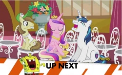 Size: 500x308 | Tagged: safe, hayseed turnip truck, princess cadance, shining armor, alicorn, pony, unicorn, slice of life (episode), exploitable meme, inappropriate timing spongebob banner, meme, spongebob squarepants, whining armor