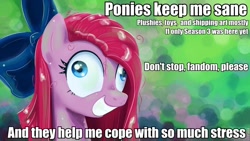 Size: 960x540 | Tagged: safe, pinkie pie, earth pony, pony, season 3, bow, brony, hiatus, hype, image macro, insanity, messy mane, meta, obsession, pinkamena diane pie, solo, text