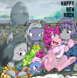 Size: 1140x1150 | Tagged: safe, artist:suzumaru, derpibooru import, cloudy quartz, igneous rock pie, limestone pie, marble pie, maud pie, pinkie pie, trixie, earth pony, pony, unicorn, alternate hairstyle, angry, blushing, clothes, cute little fangs, fangs, female, hair over one eye, happy new year, holder's boulder, hug, kimono (clothing), looking at each other, mare, one eye closed, open mouth, pie family, pie sisters, quartzrock, sitting, smiling, trixie's cape, trixie's hat, underhoof, wavy mouth