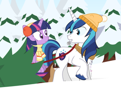 Size: 1000x735 | Tagged: safe, artist:dm29, shining armor, twilight sparkle, twilight sparkle (alicorn), alicorn, pony, unicorn, advent calendar, duo, female, hat, holiday horse days, horse collar, mare, pine tree, snow, tree