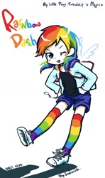 Size: 700x1181 | Tagged: safe, artist:junkiemilk, rainbow dash, blushing, clothes, converse, cute, floating wings, humanized, looking at you, open mouth, rainbow socks, shoes, shorts, smiling, socks, solo, striped socks, winged humanization, wink
