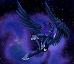 Size: 1024x886 | Tagged: safe, artist:hahvulon, princess luna, alicorn, pony, flying, large wings, solo, stars