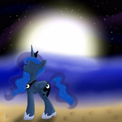 Size: 3000x3000 | Tagged: safe, artist:harmony-belle, princess luna, alicorn, pony, beach, eyes closed, hoofprints, smiling, solo, stars