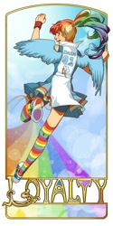 Size: 500x1000 | Tagged: safe, artist:lettiebobettie, rainbow dash, back, clothes, frame, humanized, looking back, loyalty, one word, rainbow, rainbow socks, socks, striped socks, winged humanization