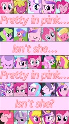 Size: 750x1350 | Tagged: safe, screencap, aloe, cherry berry, daisy, diamond tiara, flower wishes, lily, lily valley, pinkie pie, piña colada, princess cadance, royal ribbon, suri polomare, alicorn, earth pony, pony, bow, caption, cute, eyes closed, grin, happy, lidded eyes, open mouth, piña cutelada, pretty, pretty in pink, psychedelic furs, smiling, song, song reference