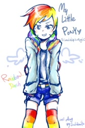 Size: 400x600 | Tagged: safe, artist:junkiemilk, rainbow dash, clothes, female, humanized, multicolored hair, solo