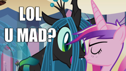 Size: 1366x768 | Tagged: safe, edit, princess cadance, queen chrysalis, alicorn, changeling, changeling queen, pony, caption, image macro, lol, meme, u mad