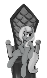 Size: 902x1482 | Tagged: safe, artist:thebirdiebin, derpibooru import, trixie, pony, unicorn, female, grayscale, mare, monochrome, simple background, sitting, solo, throne