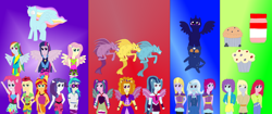 Size: 1380x578 | Tagged: safe, artist:projectangel101, derpibooru import, adagio dazzle, applejack, aria blaze, blueberry pie, derpy hooves, dj pon-3, fluttershy, fuchsia blush, lavender lace, pinkie pie, rainbow dash, rarity, raspberry fluff, sonata dusk, sunset shimmer, trixie, twilight sparkle, vinyl scratch, equestria girls, rainbow rocks, 1000 hours in ms paint, battle of the bands, female, ms paint, ponied up, the dazzlings, the muffins, the rainbooms, trixie and the illusions