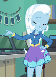 Size: 709x980 | Tagged: safe, derpibooru import, screencap, trixie, equestria girls, equestria girls series, forgotten friendship, cropped, eyes closed, hand on hip, solo