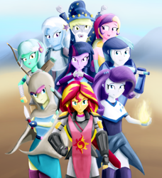 Size: 2100x2300 | Tagged: safe, artist:crunchtherobot, derpibooru import, bon bon, dean cadance, derpy hooves, lyra heartstrings, princess cadance, rarity, shining armor, sunset shimmer, sweetie drops, trixie, twilight sparkle, equestria girls, alumnus shining armor, armor, star swirl the bearded costume