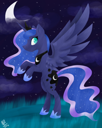 Size: 1024x1279 | Tagged: safe, artist:nyan-never, princess luna, alicorn, pony, lineless, moon, rearing, solo, spread wings, stars