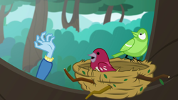 Size: 1280x720 | Tagged: safe, derpibooru import, screencap, trixie, bird, a little birdie told me, better together, equestria girls, bird nest, hand, nest, solo, tree, tree branch