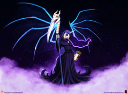 Size: 2048x1512 | Tagged: safe, artist:wwredgrave, princess luna, anthro, crossover, death (equine-morphic personification), discworld, ethereal mane, grim reaper, hourglass, patreon, patreon logo, rope, scythe, skeleton, solo, spirit of hearth's warming yet to come, spread wings, starry mane