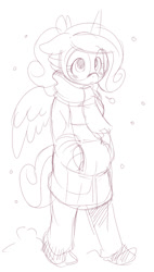 Size: 484x850 | Tagged: safe, artist:ende26, princess cadance, anthro, adorkable, blushing, clothes, coat, cute, cutedance, dork, floppy ears, glasses, grayscale, jacket, looking up, monochrome, scarf, snow, snowfall, solo, walking, winter