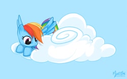 Size: 1680x1050 | Tagged: safe, artist:mysticalpha, rainbow dash, pegasus, pony, cloud, solo, wallpaper