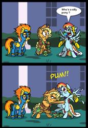 Size: 547x794 | Tagged: safe, artist:niban-destikim, edit, applejack, rainbow dash, spitfire, earth pony, pegasus, pony, applejack's hat, bipedal, blonde, blonde mane, blonde tail, blue coat, blue wings, clothes, comic, detailed background, dialogue, dress, exploitable meme, female, females only, freckles, gala dress, gala meme, goggles, hat, mare, meme, multicolored hair, multicolored tail, onomatopoeia, open mouth, orange coat, orange eyes, raised hoof, raised leg, silly, silly pony, smiling, speech bubble, spread wings, trio, two toned mane, two toned tail, underhoof, who's a silly pony, wings, wonderbolts uniform, yellow coat