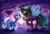 Size: 1926x1302 | Tagged: safe, artist:hattiezazu, derpibooru import, idw, queen chrysalis, reversalis, trixie, alicorn, changeling, changeling queen, pony, unicorn, reflections, spoiler:comic, alicornified, crown, dialogue, eye contact, female, glasses, grass, grin, hoof shoes, jewelry, lidded eyes, looking at each other, mare, mirror universe, open mouth, peytral, princess, princess of humility, race swap, regalia, size difference, smiling, sparkles, sunset, text, trixiecorn