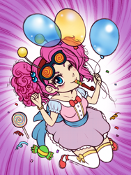 Size: 600x799 | Tagged: safe, artist:christinies, pinkie pie, balloon, blushing, candy, humanized, party horn, wink