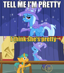 Size: 626x712 | Tagged: safe, derpibooru import, edit, edited screencap, screencap, snails, trixie, boast busters, caption, comic, image macro, meme, screencap comic, tell me i'm pretty, text, the fairly oddparents, trixie tang, trixie yells at everything