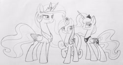 Size: 3597x1912 | Tagged: safe, artist:grendeleev, princess cadance, princess celestia, princess luna, alicorn, pony, monochrome, traditional art