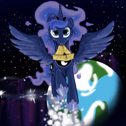 Size: 2700x2700 | Tagged: safe, artist:imgummy, princess luna, alicorn, pony, cartographer's cap, hat, mouth hold, paper, planet, solo, space