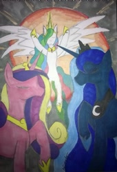 Size: 1425x2099 | Tagged: safe, artist:xiiinyxigami, princess cadance, princess celestia, princess luna, alicorn, pony, eyes closed, sun, traditional art