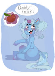 Size: 2000x2800 | Tagged: safe, artist:mili-kat, derpibooru import, trixie, pony, unicorn, apple, female, filly, food, glowing horn, magic, mare, solo, telekinesis