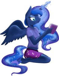 Size: 3000x3878 | Tagged: safe, artist:theshadowstone, princess luna, anthro, unguligrade anthro, book, clothes, magic, midriff, missing accessory, pajamas, shirt, shorts, simple background, slippers, solo, transparent background