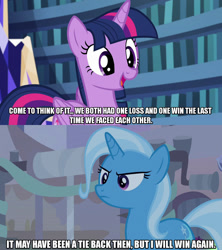 Size: 1280x1440 | Tagged: safe, derpibooru import, edit, edited screencap, screencap, trixie, twilight sparkle, twilight sparkle (alicorn), alicorn, pony, unicorn, every little thing she does, road to friendship, caption, female, image macro, meme, text, trixie yells at everything