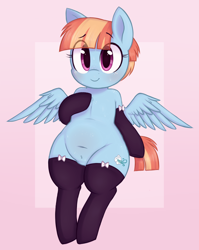 Size: 906x1136 | Tagged: safe, artist:toroitimu, windy whistles, pegasus, pony, belly button, child bearing hips, clothes, female, mare, smiling, solo, spread wings, stockings, thigh highs, wide hips, wings