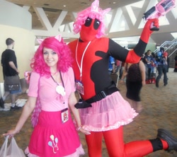 Size: 1000x886 | Tagged: safe, artist:ericameow, pinkie pie, human, convention, cosplay, crossover, deadpool, ears, irl, irl human, manly as fuck, otakon, photo