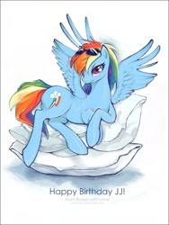 Size: 2000x2655 | Tagged: safe, artist:chio-kami, rainbow dash, pegasus, pony, bedroom eyes, birthday gift, female, looking at you, mare, pillow, prone, smiling, solo, spread wings, sunglasses