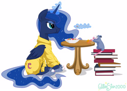 Size: 3928x2824 | Tagged: safe, artist:glitterstar2000, princess luna, tiberius, alicorn, opossum, pony, book, breakfast, cereal, clothes, cookie, food, magic, robe, simple background, slippers, table, telekinesis