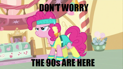 Size: 640x360 | Tagged: safe, pinkie pie, earth pony, pony, '90s, 80s, female, image macro, mare, pink coat, pink mane