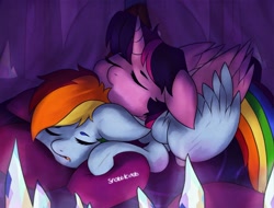 Size: 1992x1512 | Tagged: safe, artist:incendiaryboobs, artist:mylittlelevi64, rainbow dash, twilight sparkle, twilight sparkle (alicorn), alicorn, pegasus, pony, female, lesbian, shipping, sleeping, snuggling, twidash